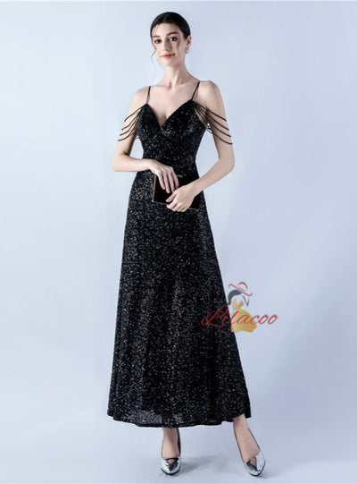 Spaghetti Straps V-neck Beading Prom Dress