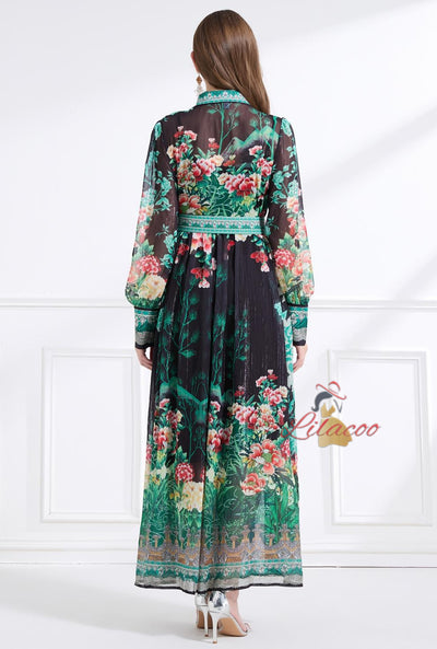 Bow Short Lapel Long Sleeve Printed Dress