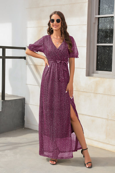 V-neck High Waist Split Short Sleeve Dress