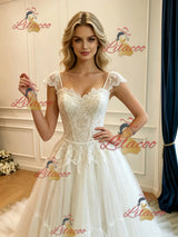 White Tulle Straps Lace Wedding Dress