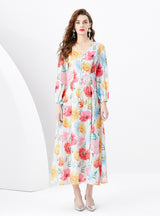Retro V-neck Single-breasted Printed Long Dress