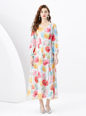 Retro V-neck Single-breasted Printed Long Dress