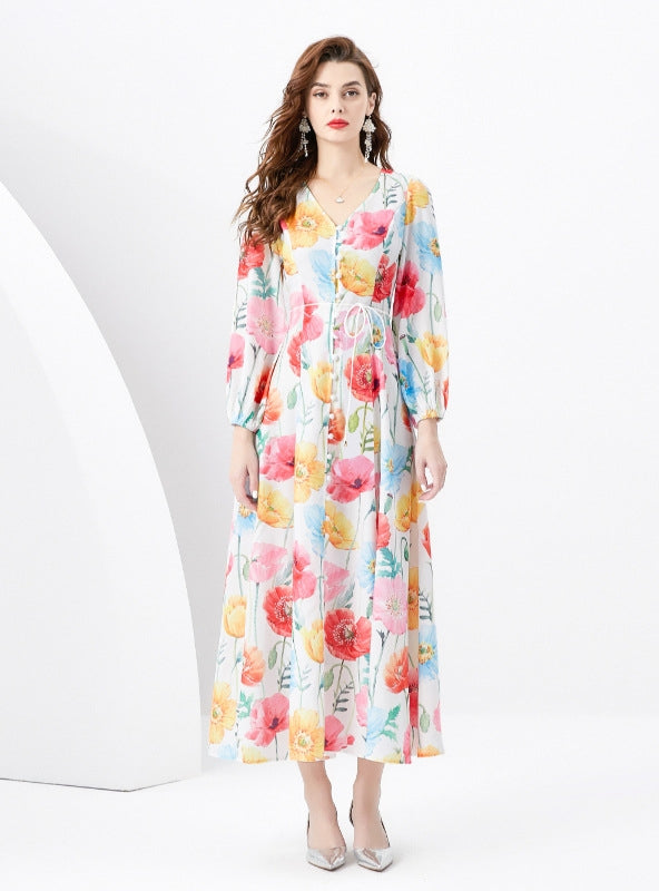 Retro V-neck Single-breasted Printed Long Dress
