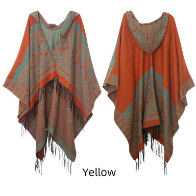 Ethnic Jacquard Hooded Cloak Shawl