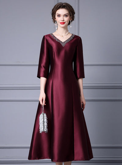 Red Satin V-neck Beading Mother Of The Bride Dress