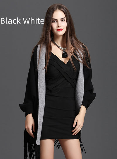 Large Size Fringed Knitted Double Cardigan Shawl