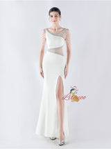 Scoop Neck Beading Split Prom Dress