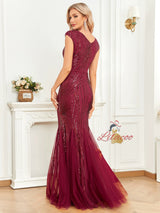 Burgundy Mermaid Sequins Cap Sleeve Prom Dress