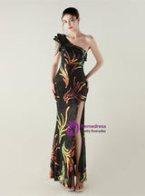 Black Mermaid Sequins One Shoulder Beading Prom Dress