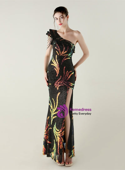 Black Mermaid Sequins One Shoulder Beading Prom Dress