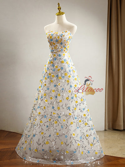 White Tulle Sequins Flower Prom Dress