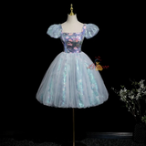 Blue Tulle Sequins Puff Sleeve Homecoming Dress