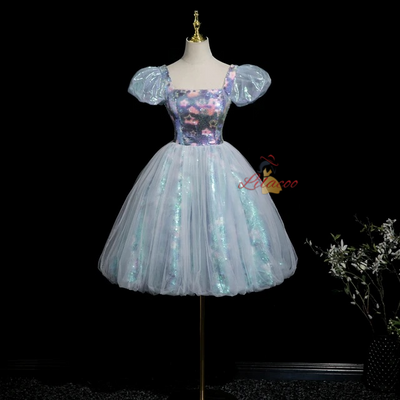 Blue Tulle Sequins Puff Sleeve Homecoming Dress