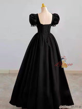Black Square Puff Sleeve Beading Prom Dress