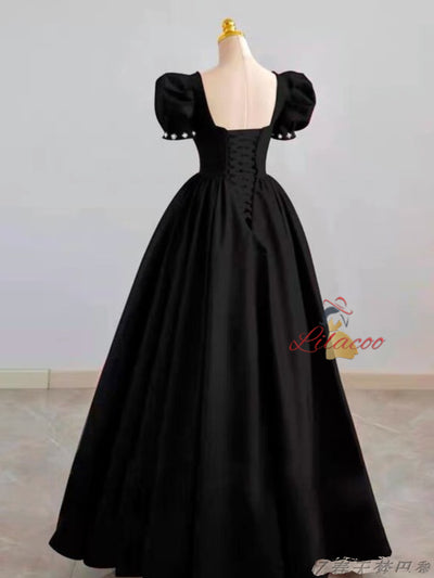 Black Square Puff Sleeve Beading Prom Dress