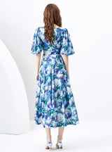 Palace Bubble Sleeve Print Long Dress