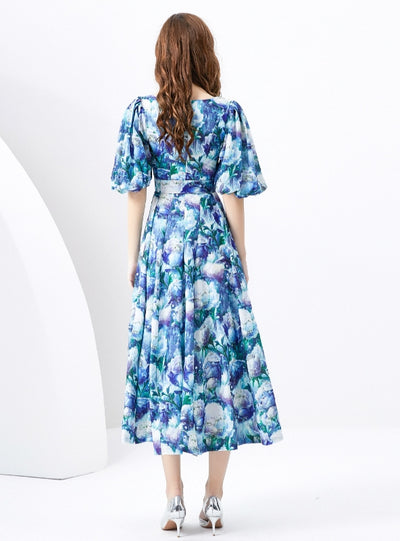 Palace Bubble Sleeve Print Long Dress