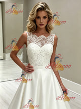 White Satin Lace Scoop Neck Wedding Dress