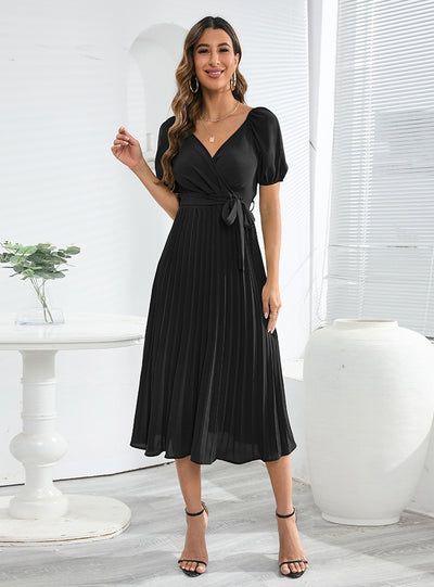 V-neck Pleated Lantern Sleeve Dress