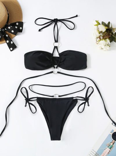Black Metal Ring Halter Bikini