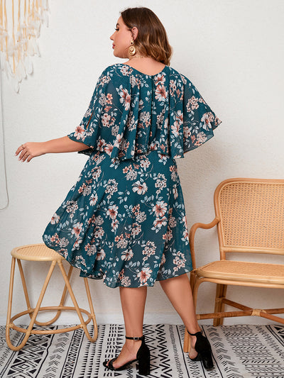 Round Neck Ruffled Printed Plus Size Dress