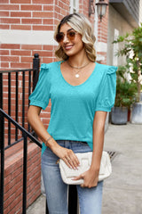Solid Color V-neck Short Sleeve Loose T-shirt