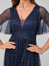Navy Blue Tulle V-neck Prom Dress