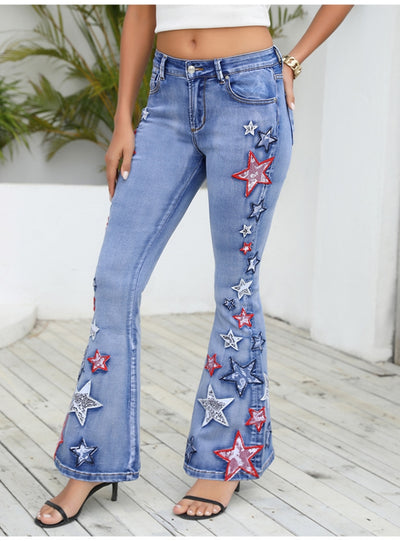 Women Flared Trousers Embroidered Jeans