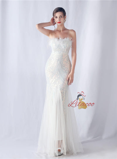 Mermaid Seuqins Tulle Feather Prom Dress