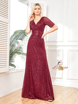 Burgundy Sequins V-neck Short Sleeve Prom Dress