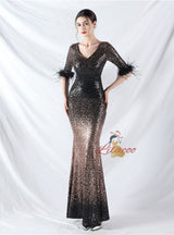 V-neck Short Sleeve Sequins Mermaid Prom Dress