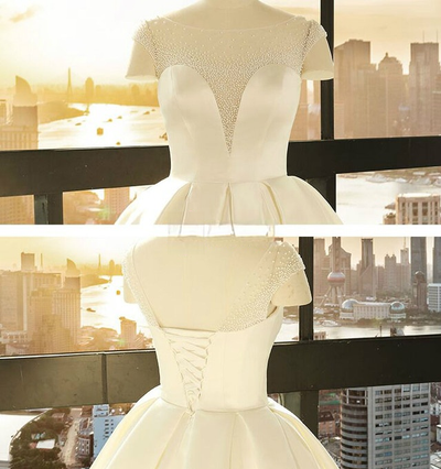Ball Gown White Satin Cap Sleeve Wedding Dress