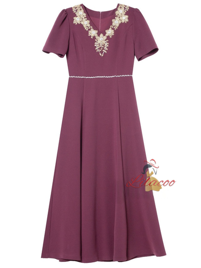 Burgundy Short Sleeve Beading Mother Of The Bride Dress