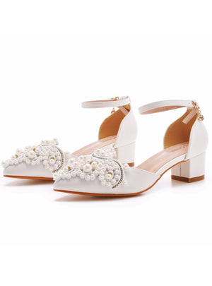 4 cm White Beaded Pointed Heels Sandals