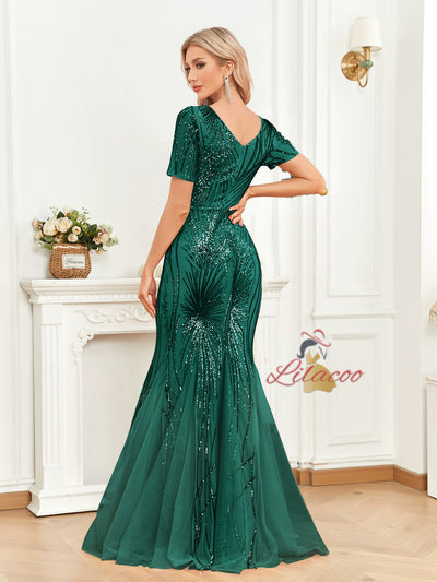 Gren Mermaid Sequins Short Sleeve Prom Dress