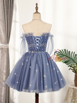 Blue Tulle Sequins Beading Pleats Homecoming Dress