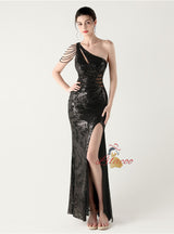 One Shoulder Mermaid Sequins Beading Prom Dress