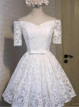 Yellow Lace Short Sleeve Homecoming Dress