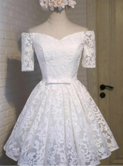 Yellow Lace Short Sleeve Homecoming Dress