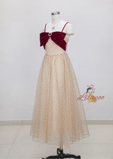 Apricot Polka-dot Contrast Bow Sling Slim Dress