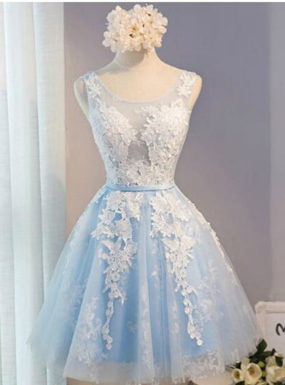 Blue Lace Tulle Homecoming Dress