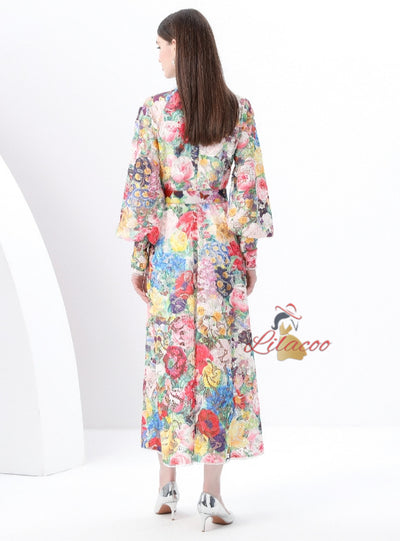 Retro Stand-up Collar Breasted Print Long Dress
