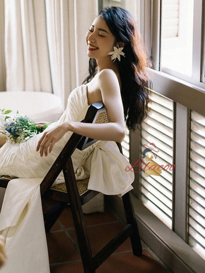 White Satin Pleats Short Wedding Dress