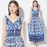 Retro V-neck Printed Slim Dress