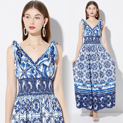 Retro V-neck Printed Slim Dress