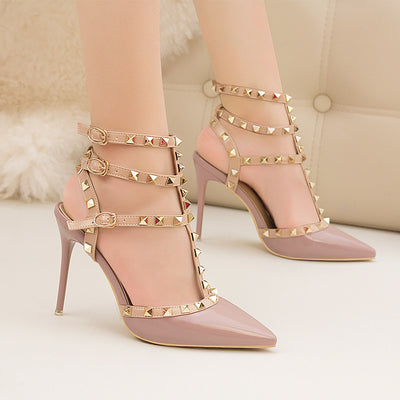 Thin High Heel Patent Leather Metal Rivet Sandals