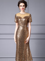 Gold Sequins Beading Short Sleeve Mother Of The Bride Dress