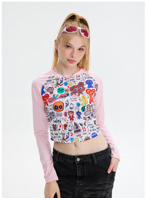 Cartoon Graffiti Printed Long Sleeve T-shirt