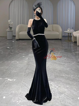 Black Mermaid Velvet Backless Prom Dress