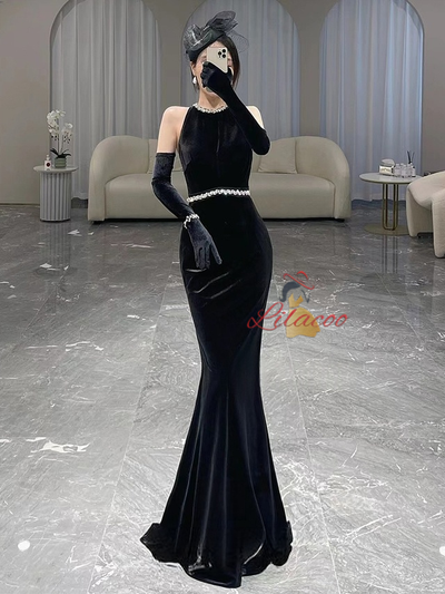 Black Mermaid Velvet Backless Prom Dress